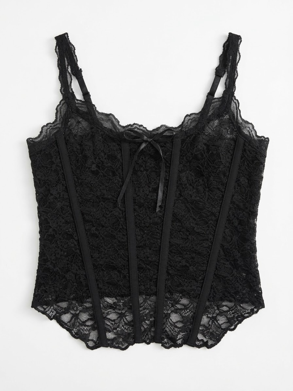 SHEIN Black Lace Corset Camisole Top Floral Sheer Satin Bow Petite XS
